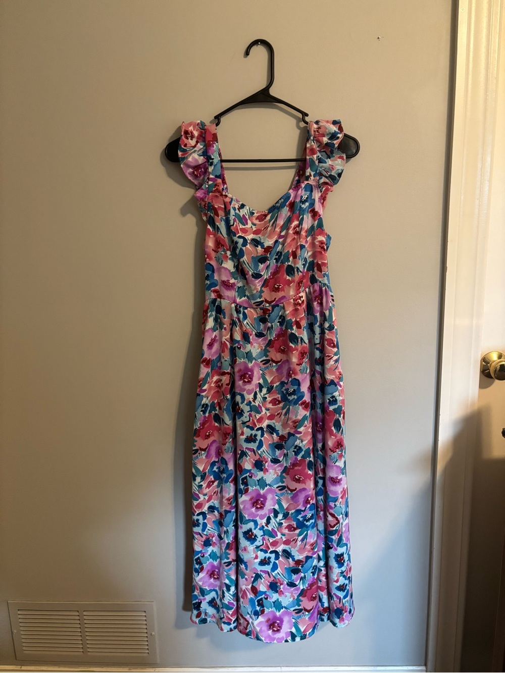 Floral Ruffle Strap Maxi Dress in Pink and Blue